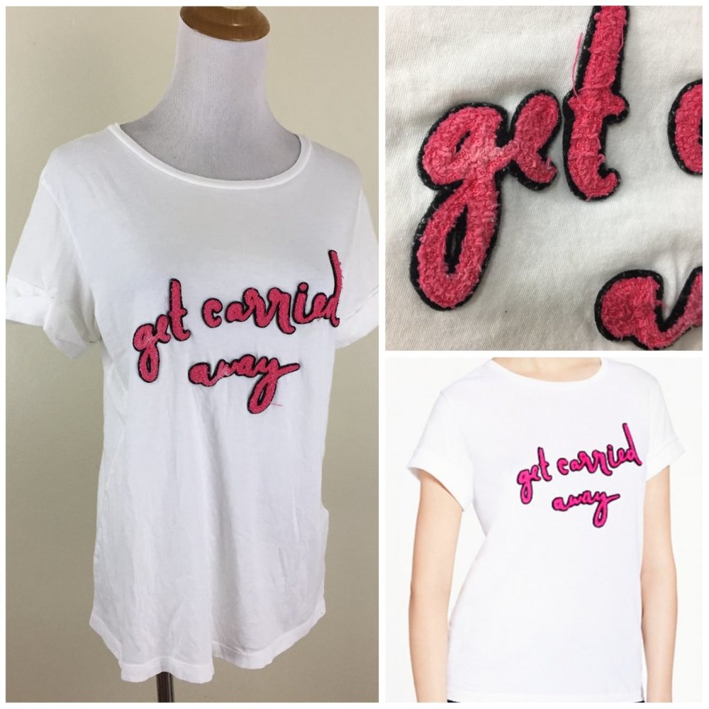 KATE SPADE White Dark Pink Black "GET CARRIED AWAY" Applique Cuffed Sleeve Shirt